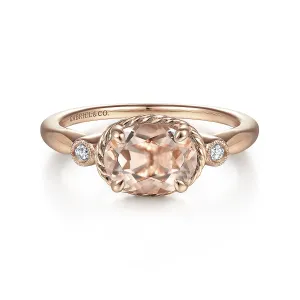 14K Rose Gold Horizontal Oval Morganite and Diamond Three Stone Ring