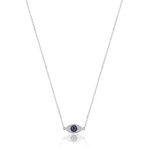 14K White gold evil eye protector necklace with diamonds and blue sapphire