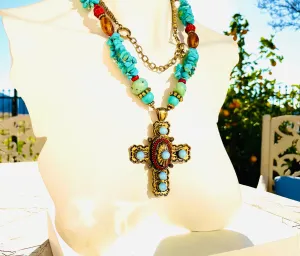 Artisan Blue Gold Tone Faux Turquoise Coral Color Stone Art Bead Cross Necklace