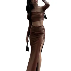 Brown Split Skirt Set