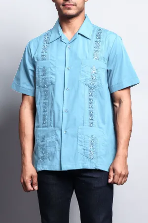 Men's Short Sleeve Cuban Style Guayabera Shirt (Light Blue)