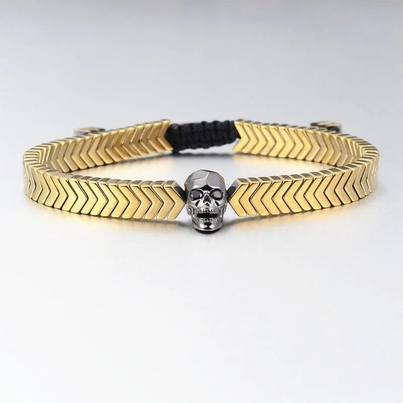 Skull Men Bracelet, Braided Rope Hematite Beaded Men Bracelet