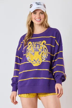 Women's Pullover Tiger Head Sequined Striped